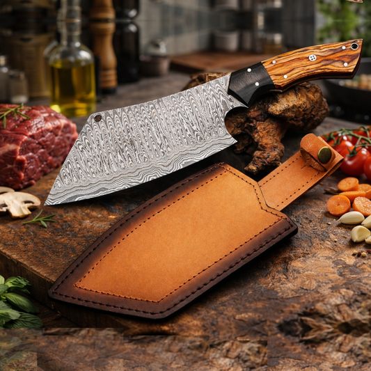 Handmade Damascus Steel Chef Cleaver with Leather Sheath