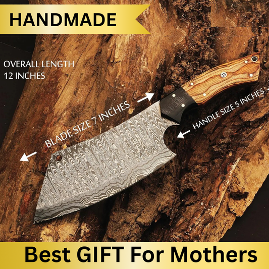 Handmade Damascus Steel Chef Cleaver with Leather Sheath